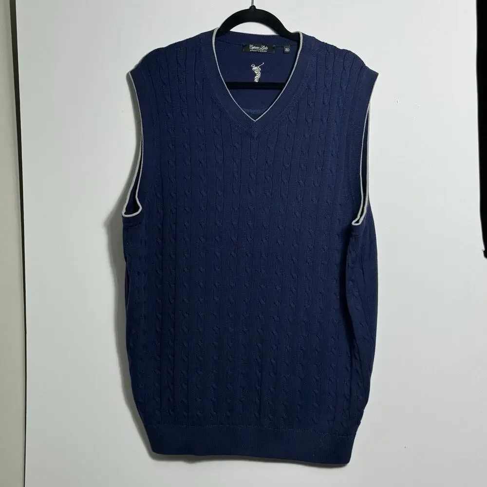 Golf Sweater Vest Mens XLT Tall Blue Cable Knit V-Neck Preppy Golf Country Club